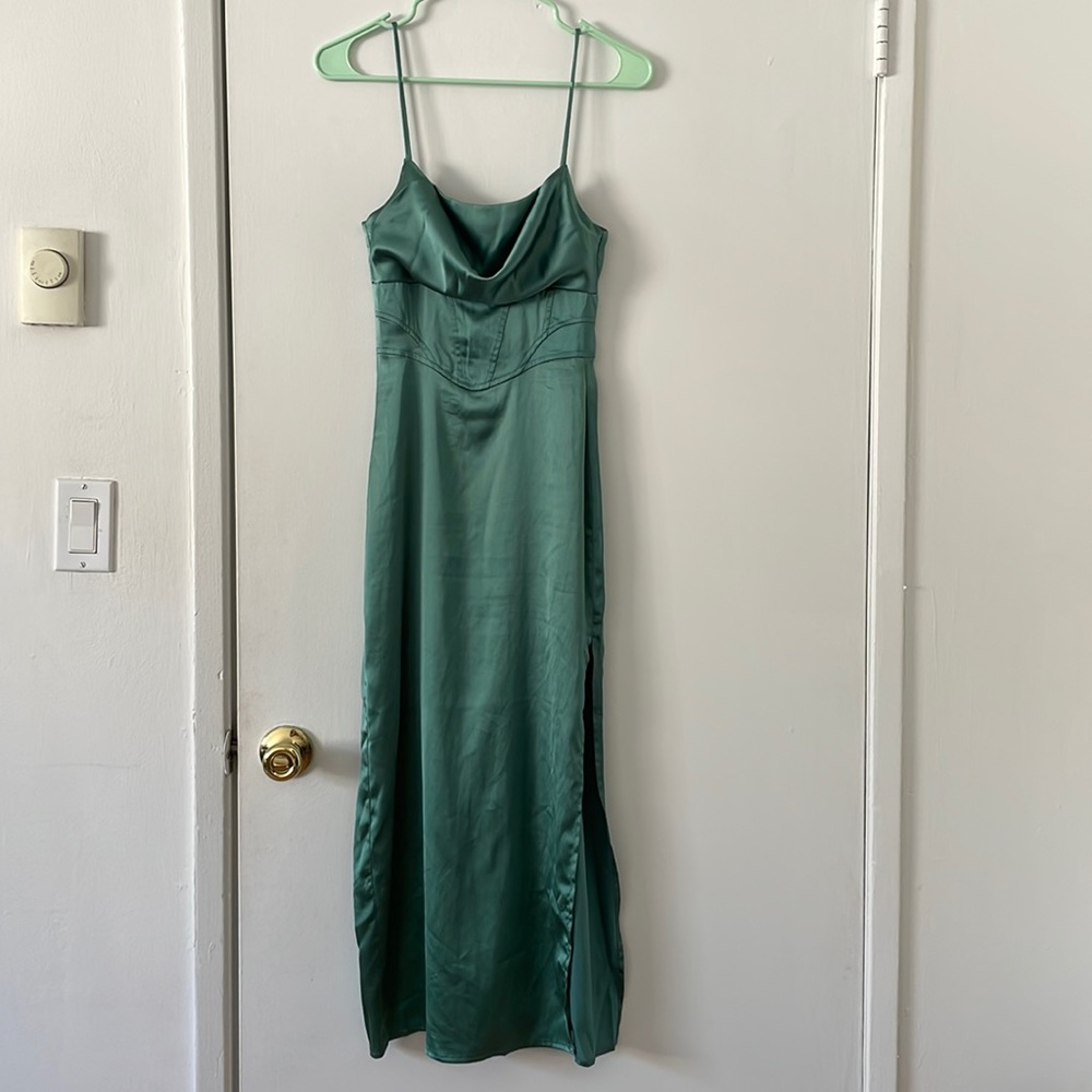 Green Satin Micas Corset Midi Dress